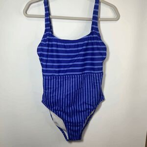 ECO Beach One Piece Blue Black Striped Swim Suit Size Medium
